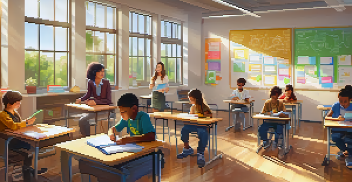 A modern classroom filled with students using tablets for digital assessments, with a teacher guiding them and bright sunlight illuminating the space.