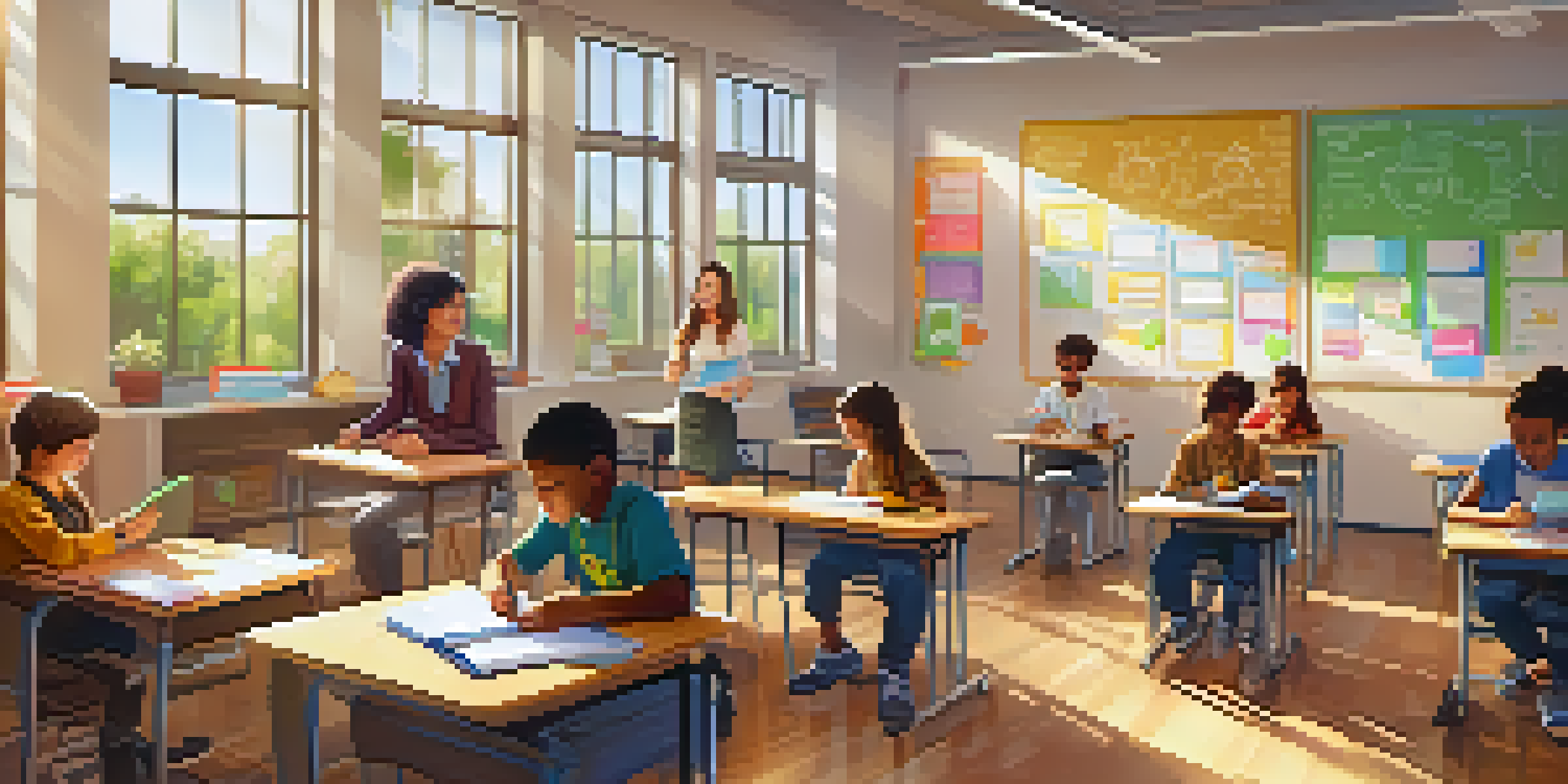 A modern classroom filled with students using tablets for digital assessments, with a teacher guiding them and bright sunlight illuminating the space.