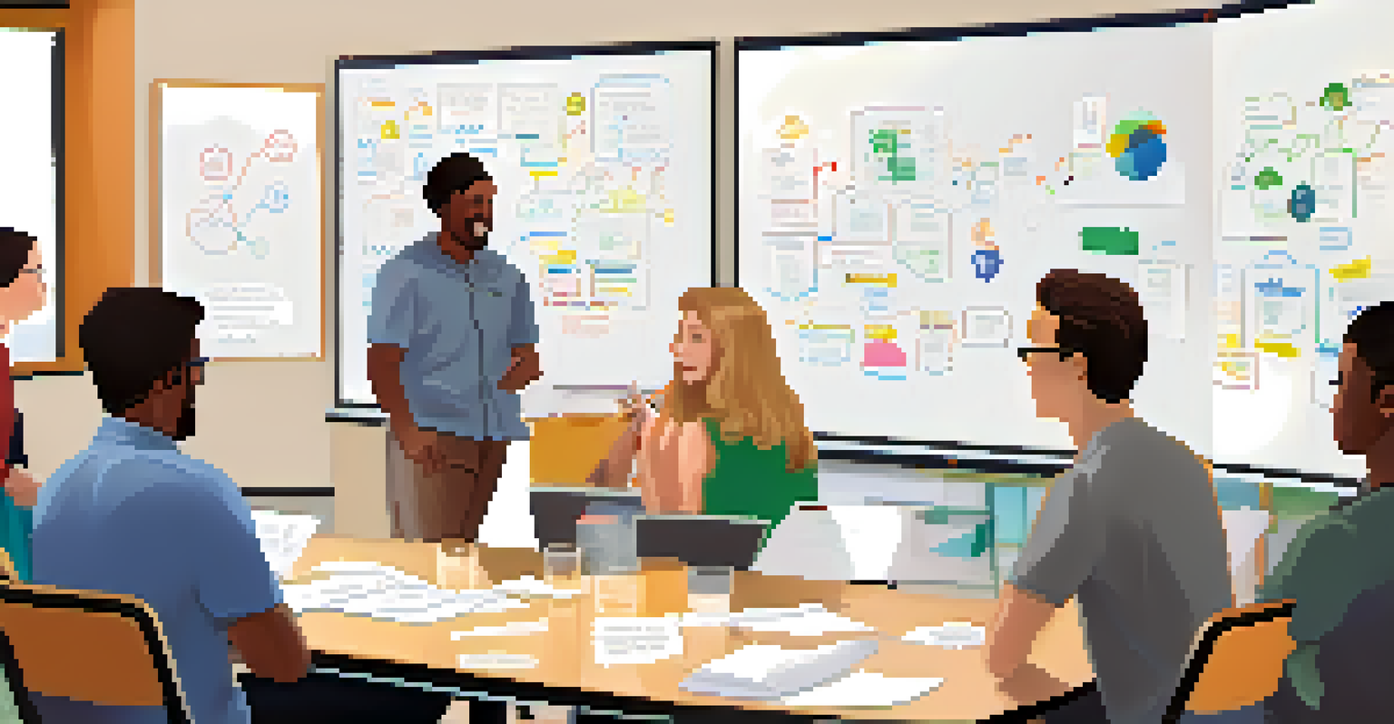 A group of teachers actively participating in a collaborative workshop, sharing ideas in a bright modern room with a whiteboard.