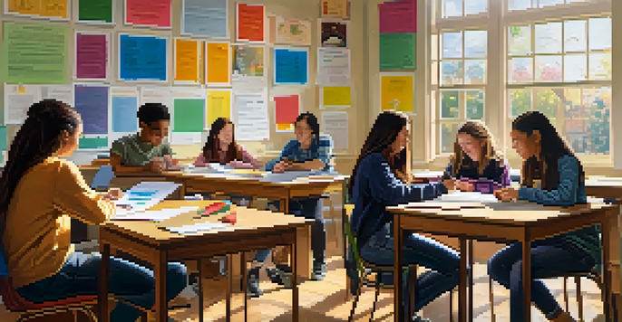A diverse group of students working together in a bright classroom, surrounded by educational materials.