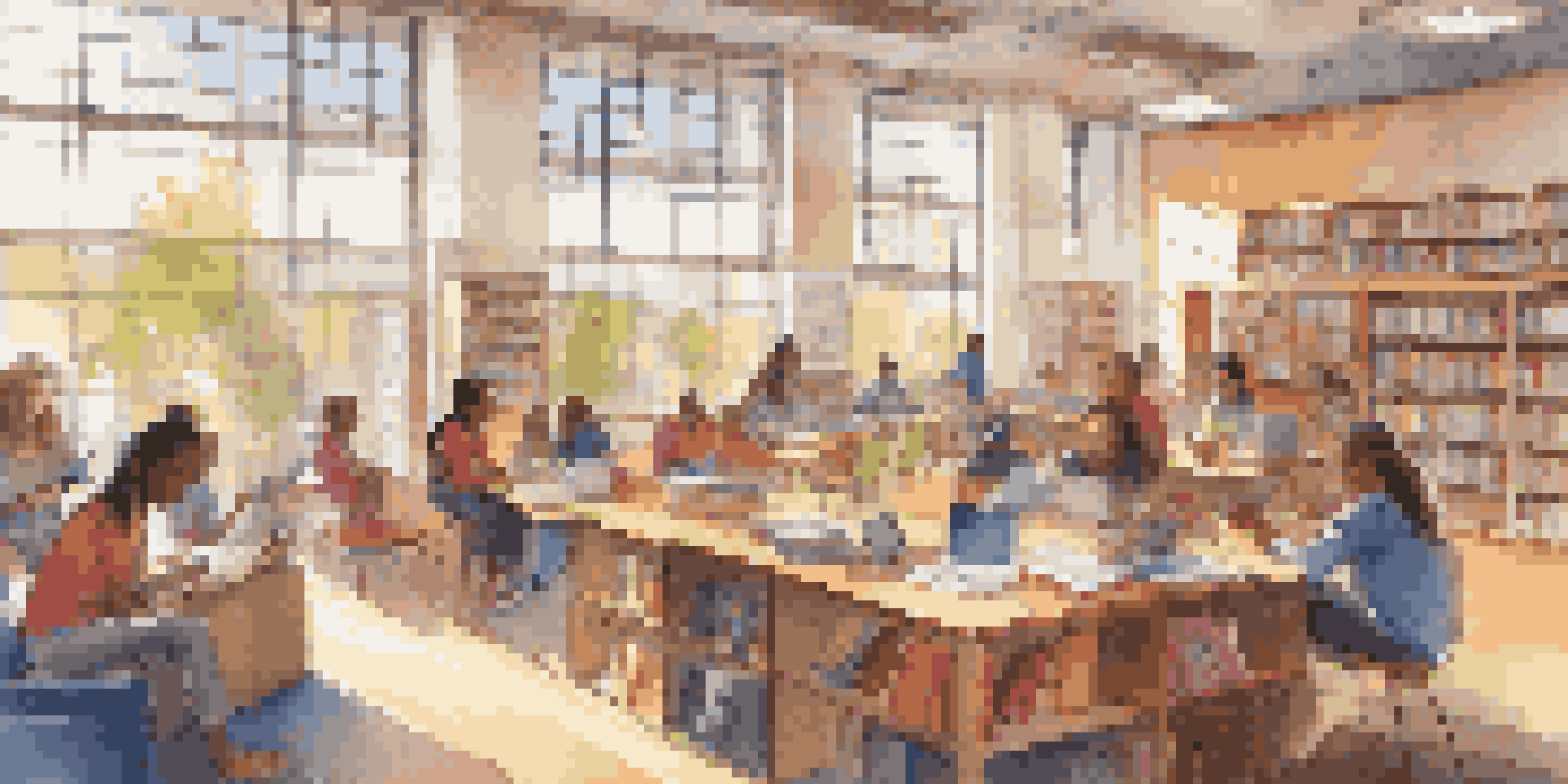 A colorful library filled with open books, digital screens, and students of diverse backgrounds engaged in learning.