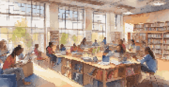 A colorful library filled with open books, digital screens, and students of diverse backgrounds engaged in learning.