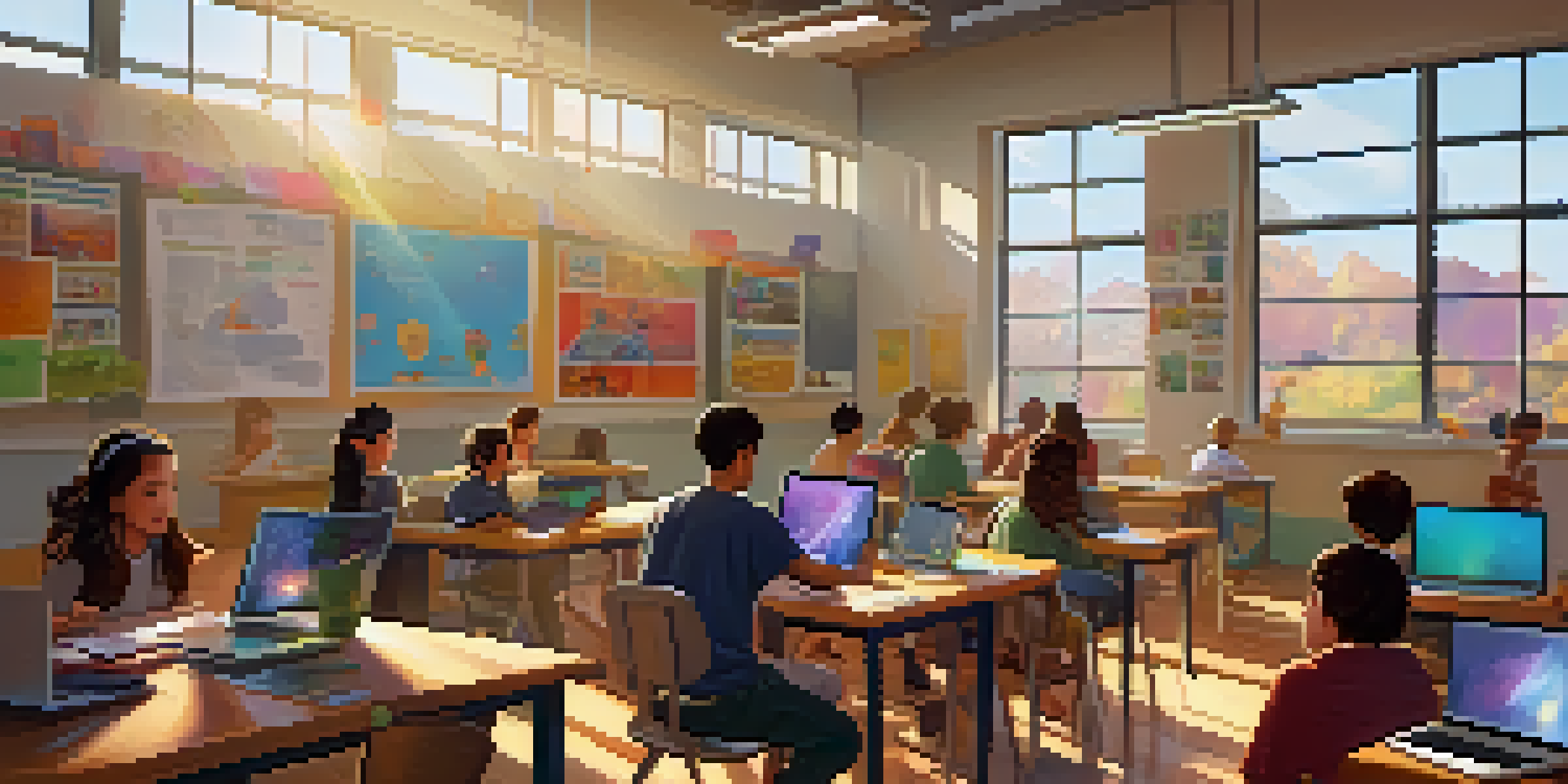 A vibrant classroom filled with students collaborating on digital storytelling projects using laptops and colorful materials.