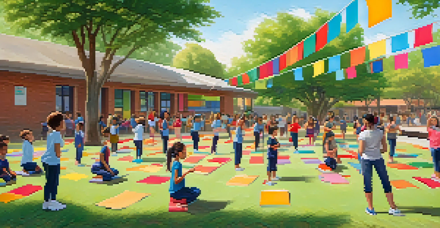 Students of various ages practicing yoga and tai chi in a lively school courtyard, surrounded by greenery and mindfulness banners.
