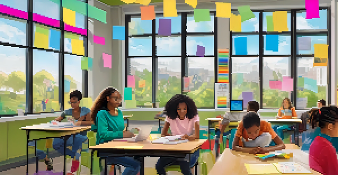 A lively classroom filled with students engaged in different learning activities, with natural light and colorful educational posters.