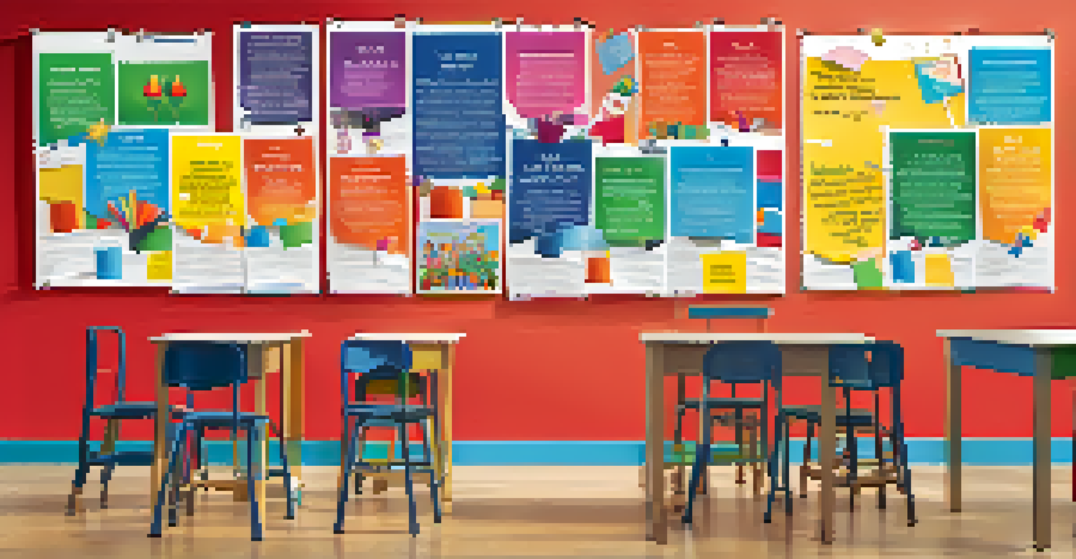 A colorful school wall decorated with posters and student artwork promoting creativity and a growth mindset.