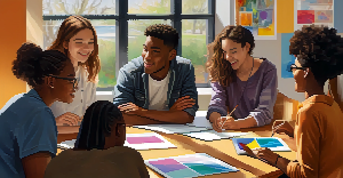 A diverse group of young adults participating in a peer learning workshop, seated in a circle with laptops and notebooks, in a bright room with large windows.