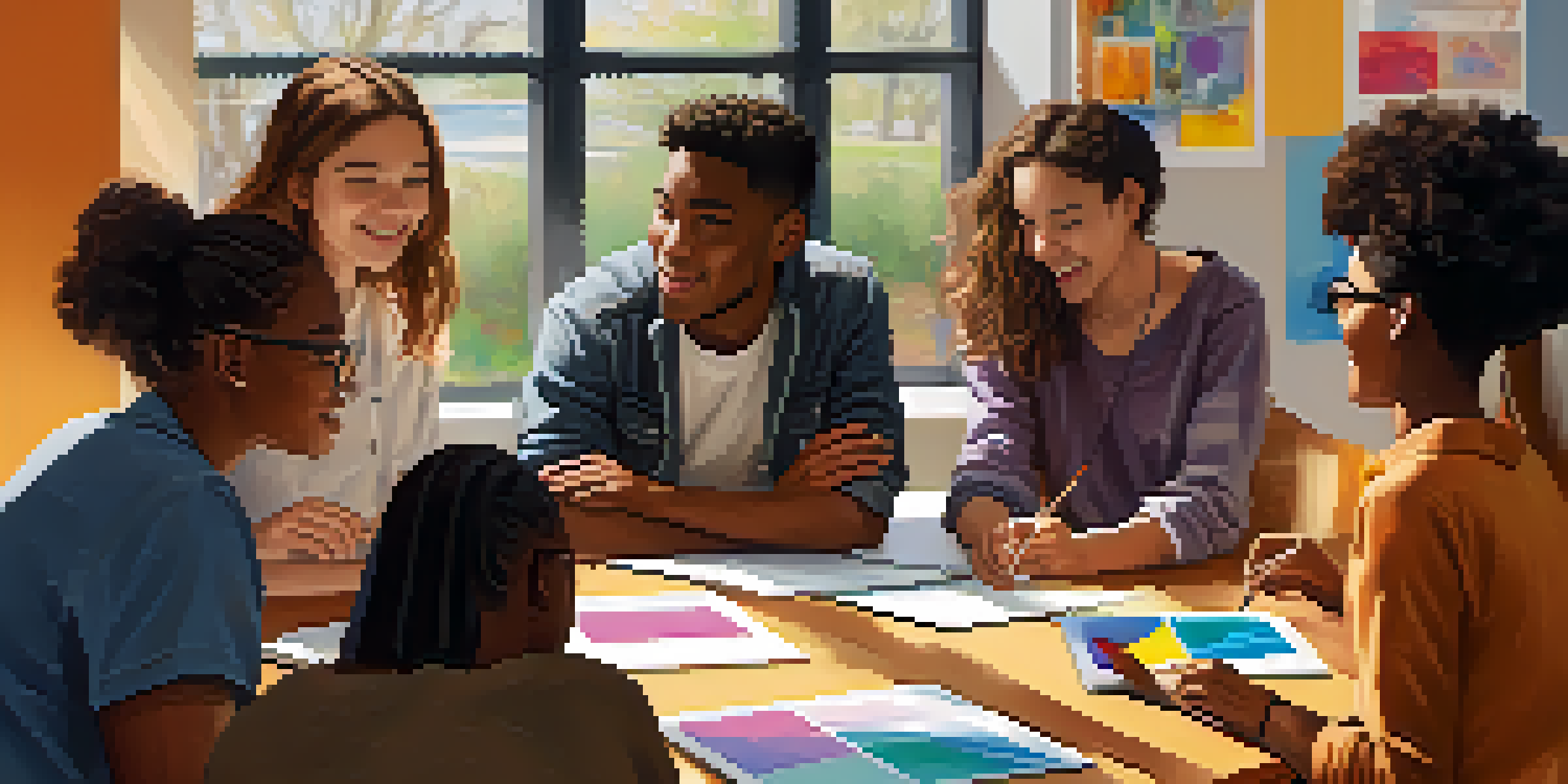 A diverse group of young adults participating in a peer learning workshop, seated in a circle with laptops and notebooks, in a bright room with large windows.