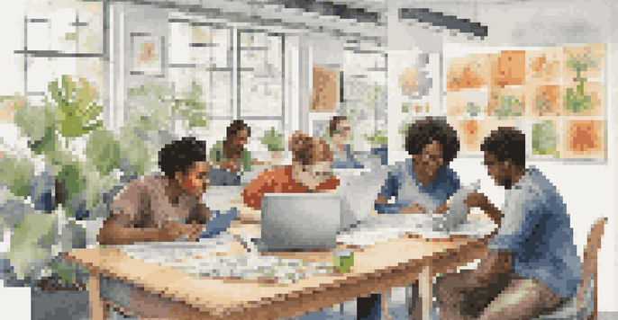 A diverse group of students engaged in collaboration and discussion while analyzing data around a table in a bright classroom.