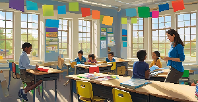 A bright and inviting classroom with a teacher and engaged students, colorful educational materials and natural light from large windows.