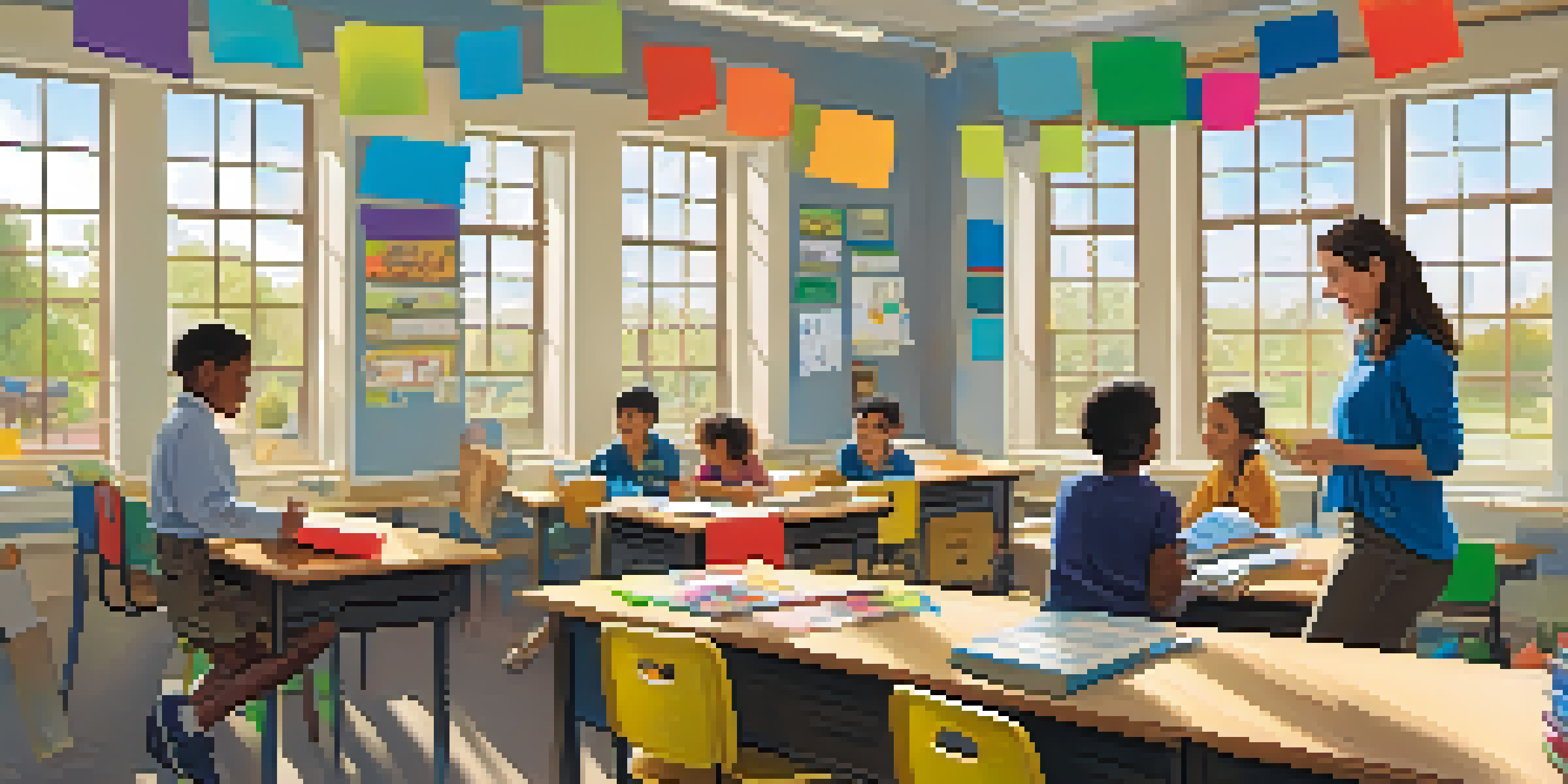 A bright and inviting classroom with a teacher and engaged students, colorful educational materials and natural light from large windows.