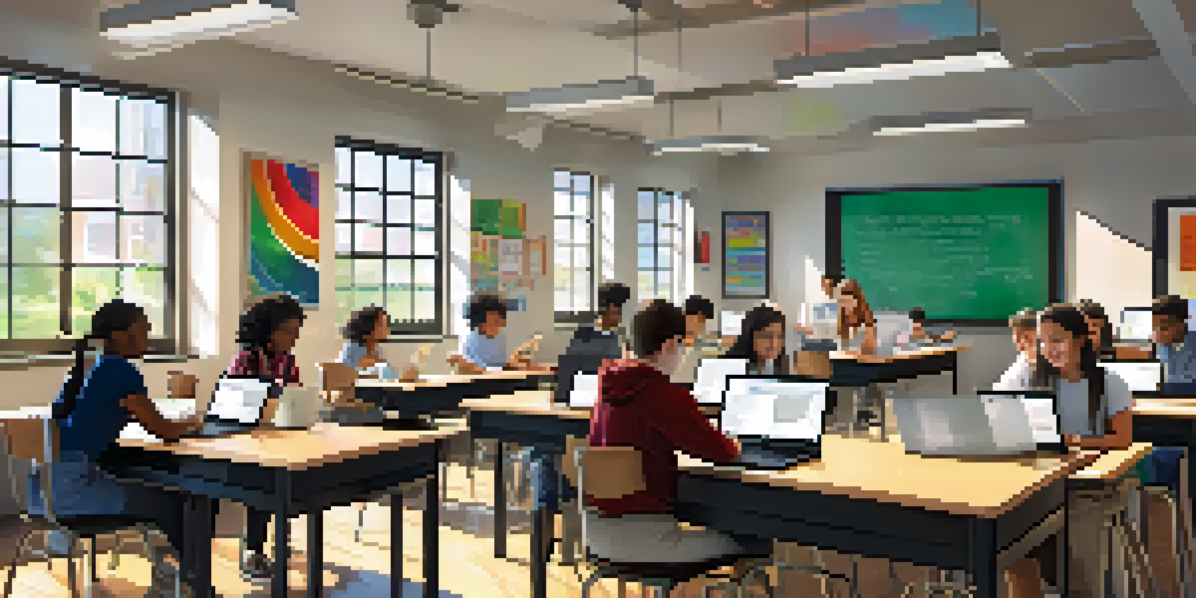 A lively classroom filled with diverse students collaborating on projects at round tables, with bright natural light and educational posters.