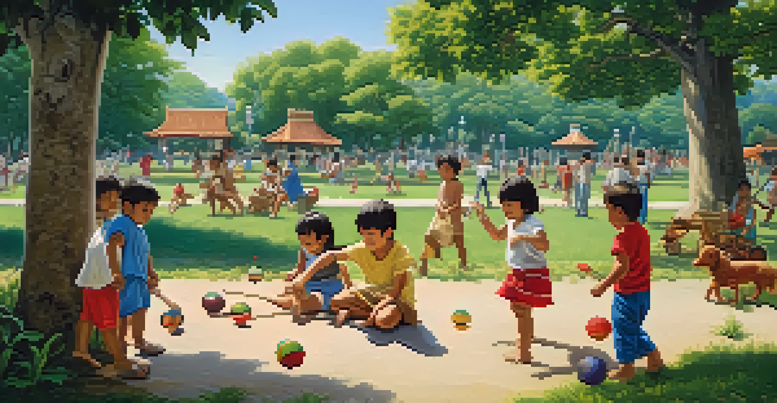 Children of different backgrounds playing together in a park, showcasing cultural exchange through games and traditional toys.
