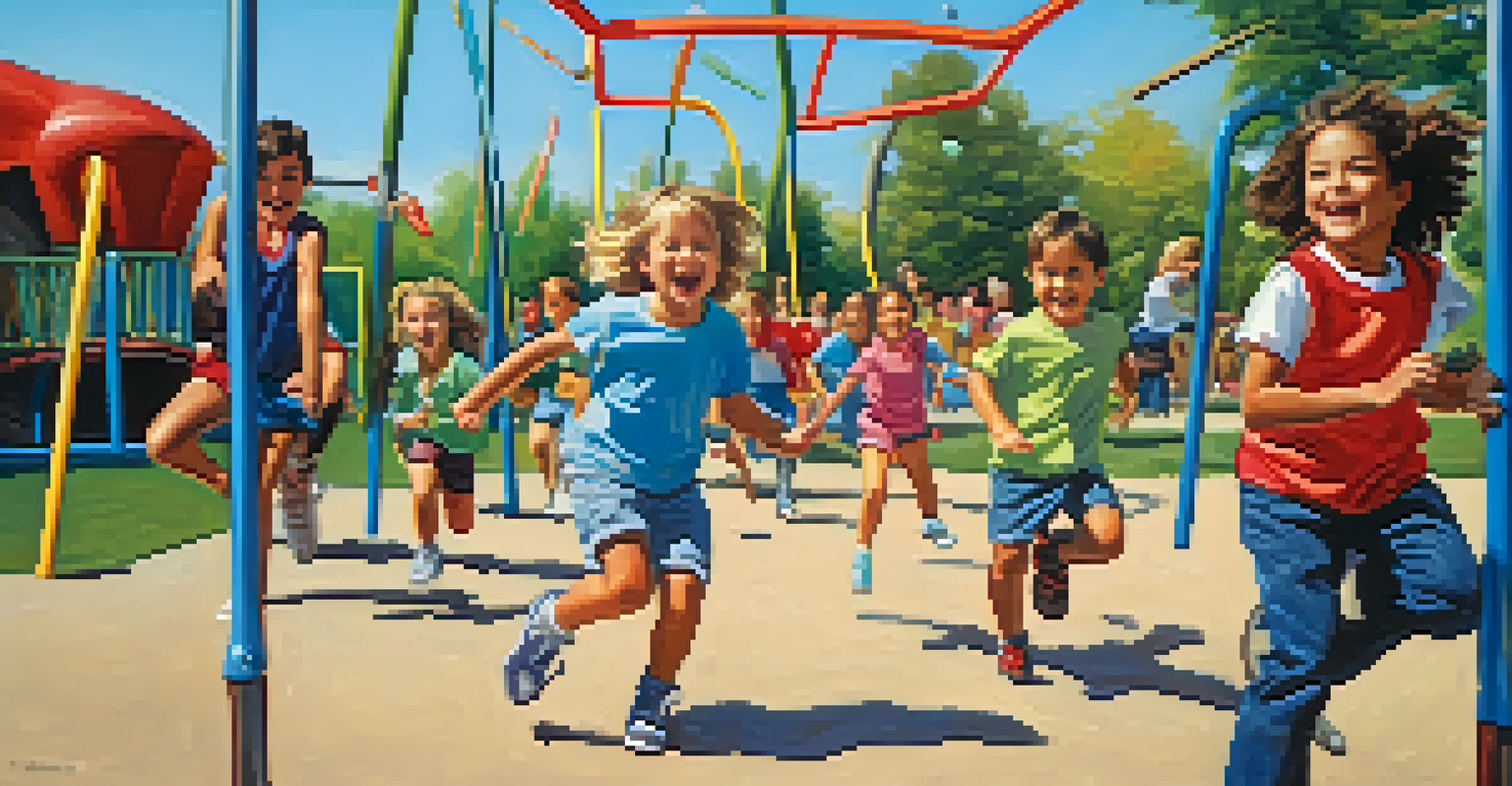 Children playing tag in a vibrant playground, showcasing their joy and excitement.