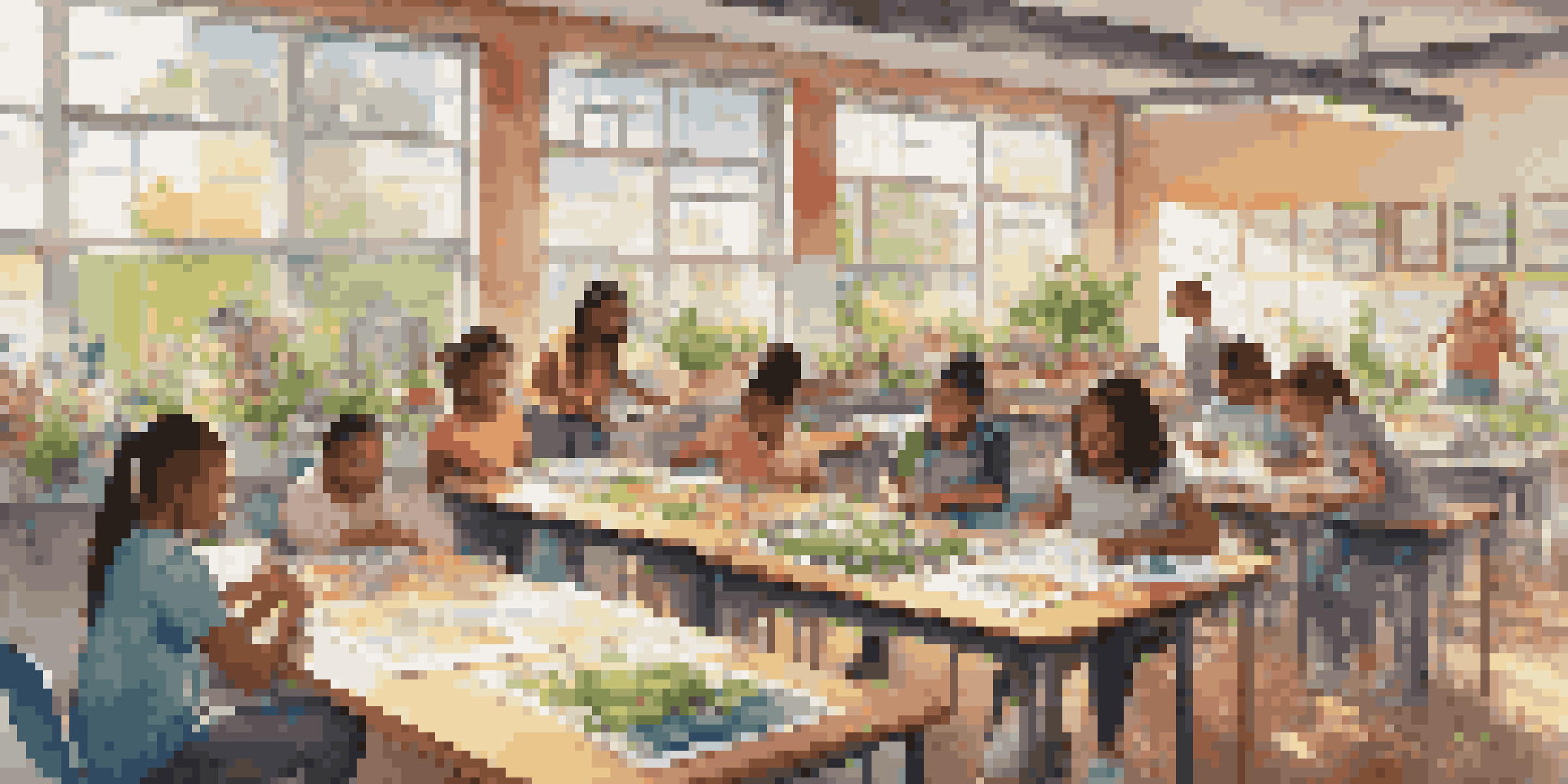 A classroom with diverse students working together on a community garden project, surrounded by educational materials and sunlight.