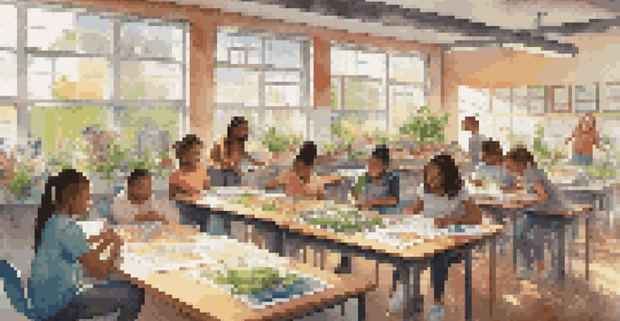 A classroom with diverse students working together on a community garden project, surrounded by educational materials and sunlight.