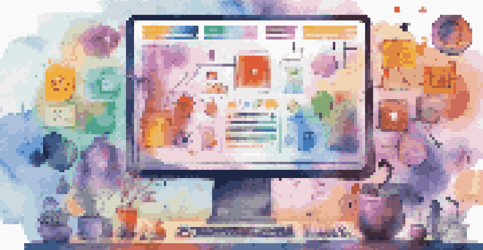 An artistic illustration of a digital portfolio with colorful icons and abstract shapes representing creativity.