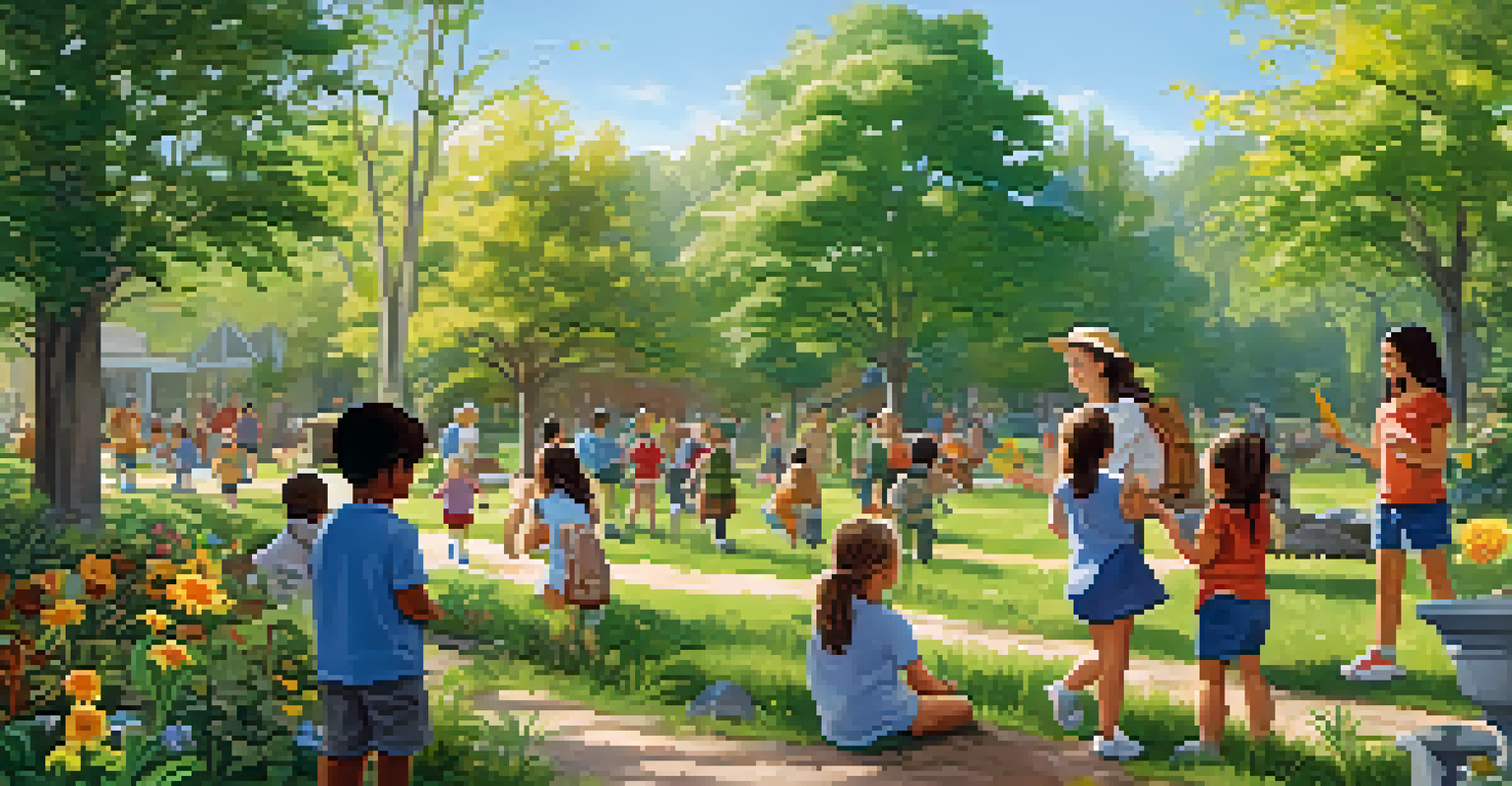 Young children engaged in a nature scavenger hunt, surrounded by greenery and flowers, with a teacher guiding them.