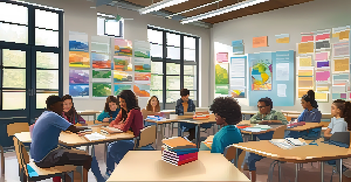 A diverse group of students in a bright classroom collaborating on a project, surrounded by educational posters.
