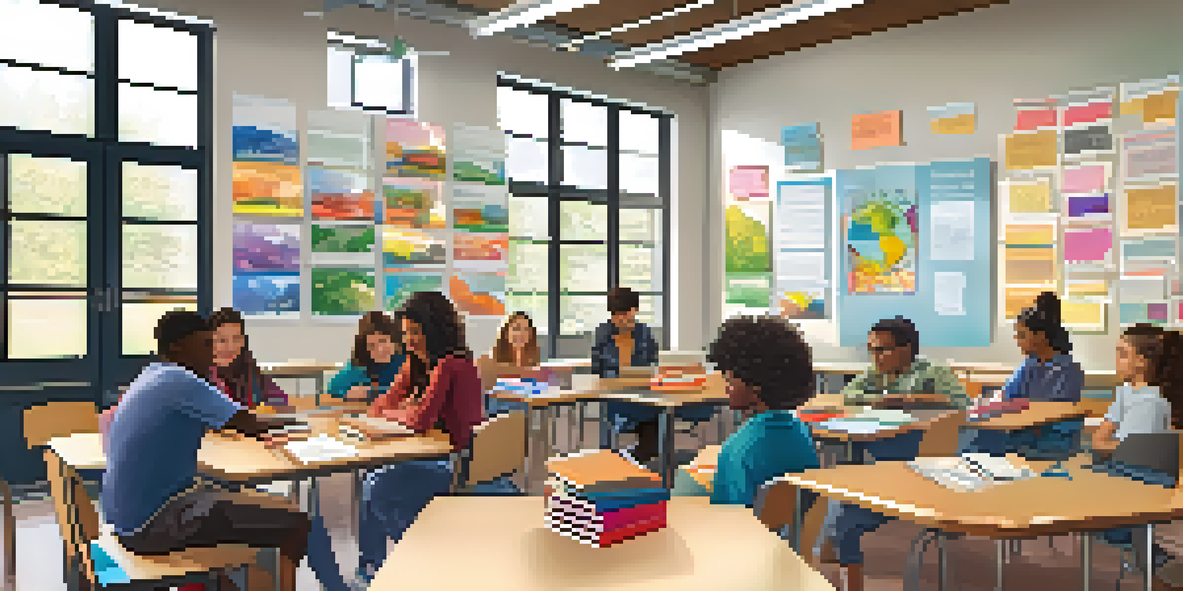 A diverse group of students in a bright classroom collaborating on a project, surrounded by educational posters.