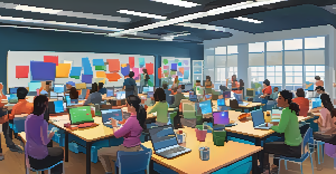 A lively classroom with adults participating in a gamified learning experience, collaborating around tables with laptops and tablets, vibrant colors and game elements displayed.