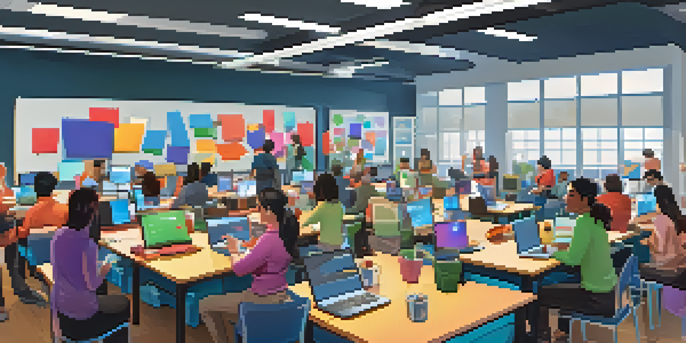 A lively classroom with adults participating in a gamified learning experience, collaborating around tables with laptops and tablets, vibrant colors and game elements displayed.