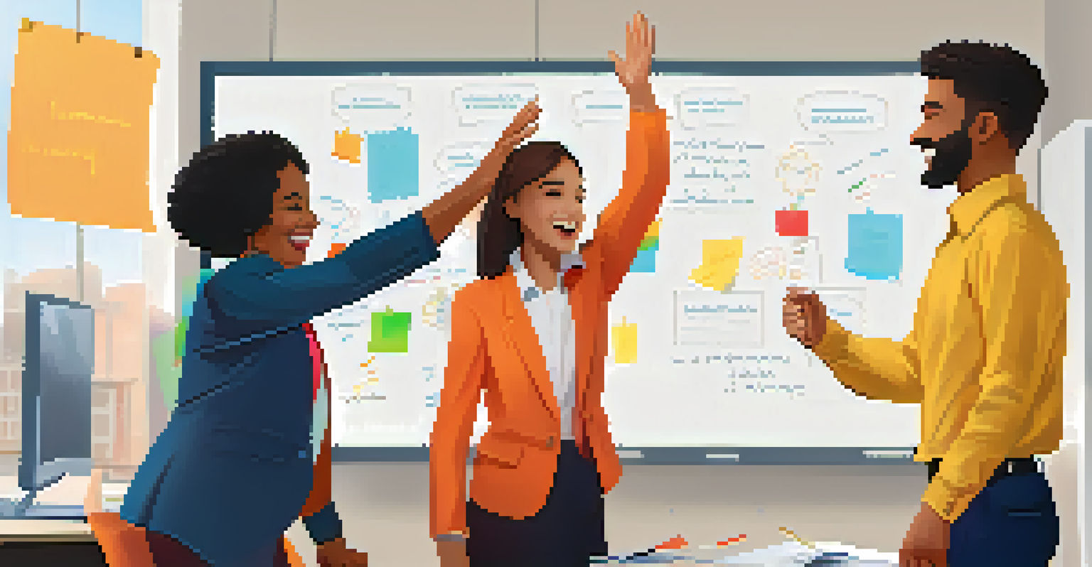 A mentor and mentee celebrating their achievements with a high-five in an office setting.