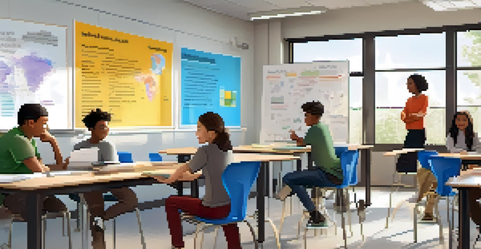 A lively classroom with students collaborating in groups, a teacher facilitating, and educational materials on the walls.