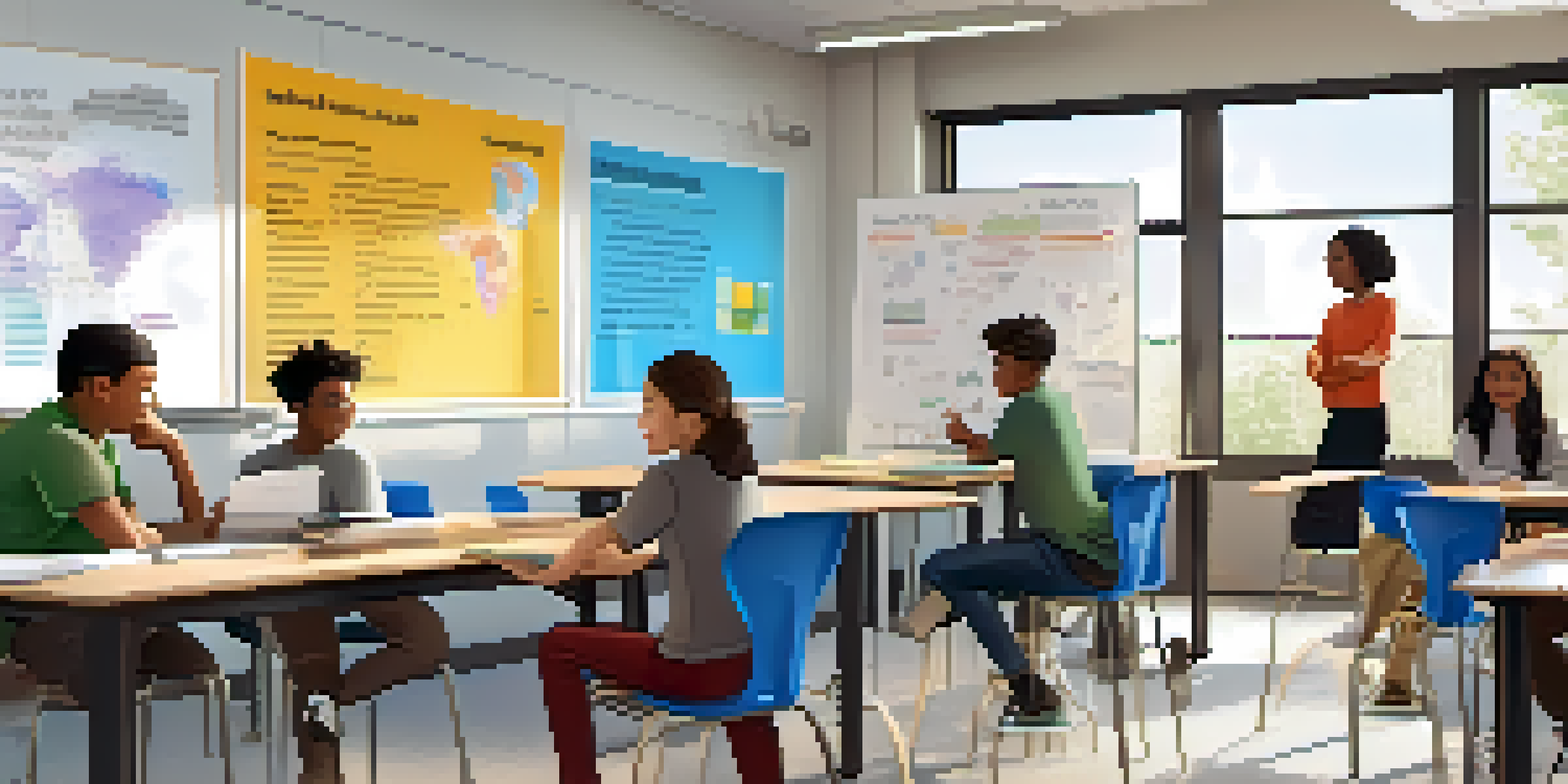 A lively classroom with students collaborating in groups, a teacher facilitating, and educational materials on the walls.