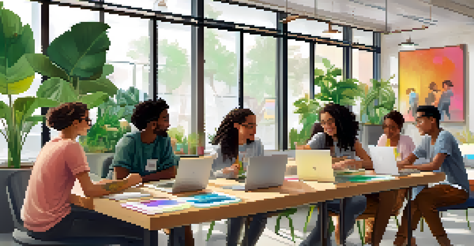 A diverse group of students collaborating both in-person and online on a project, surrounded by a vibrant learning environment.