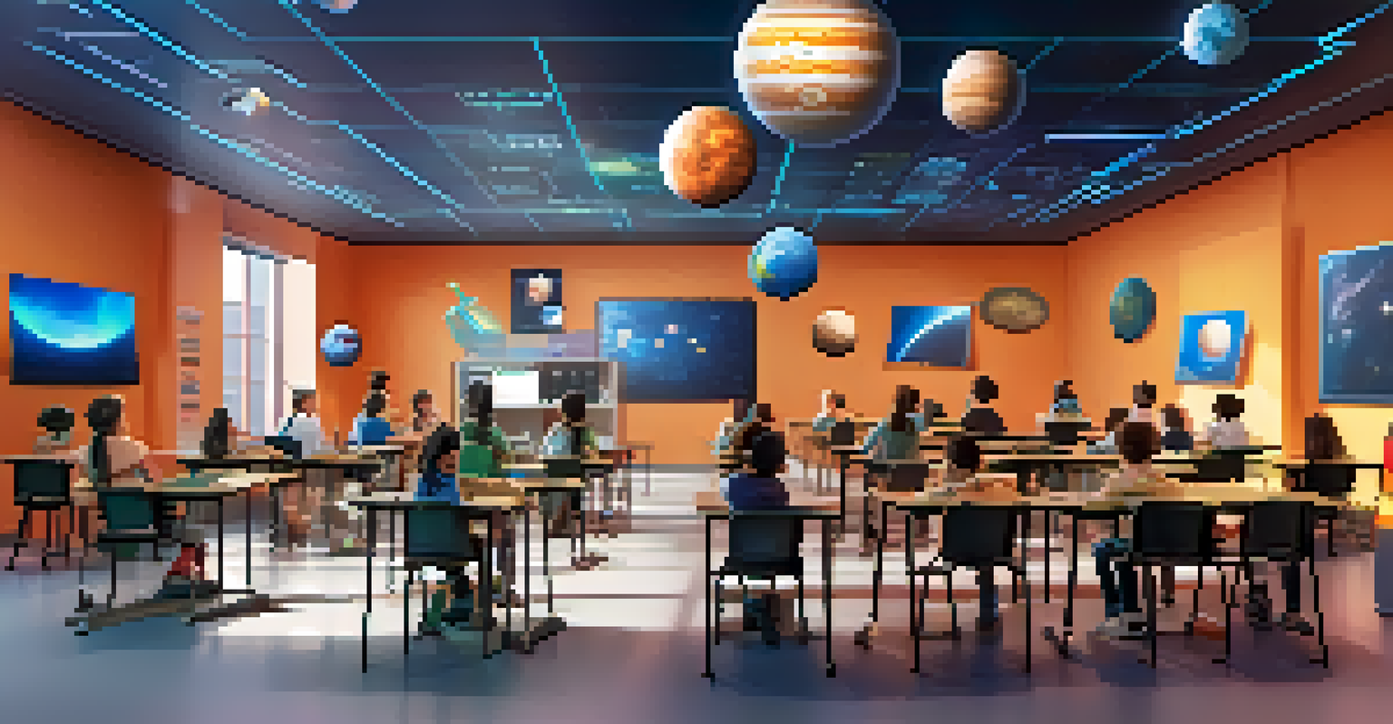 Students in a modern classroom using augmented reality glasses to explore a 3D model of the solar system, with digital screens around them.