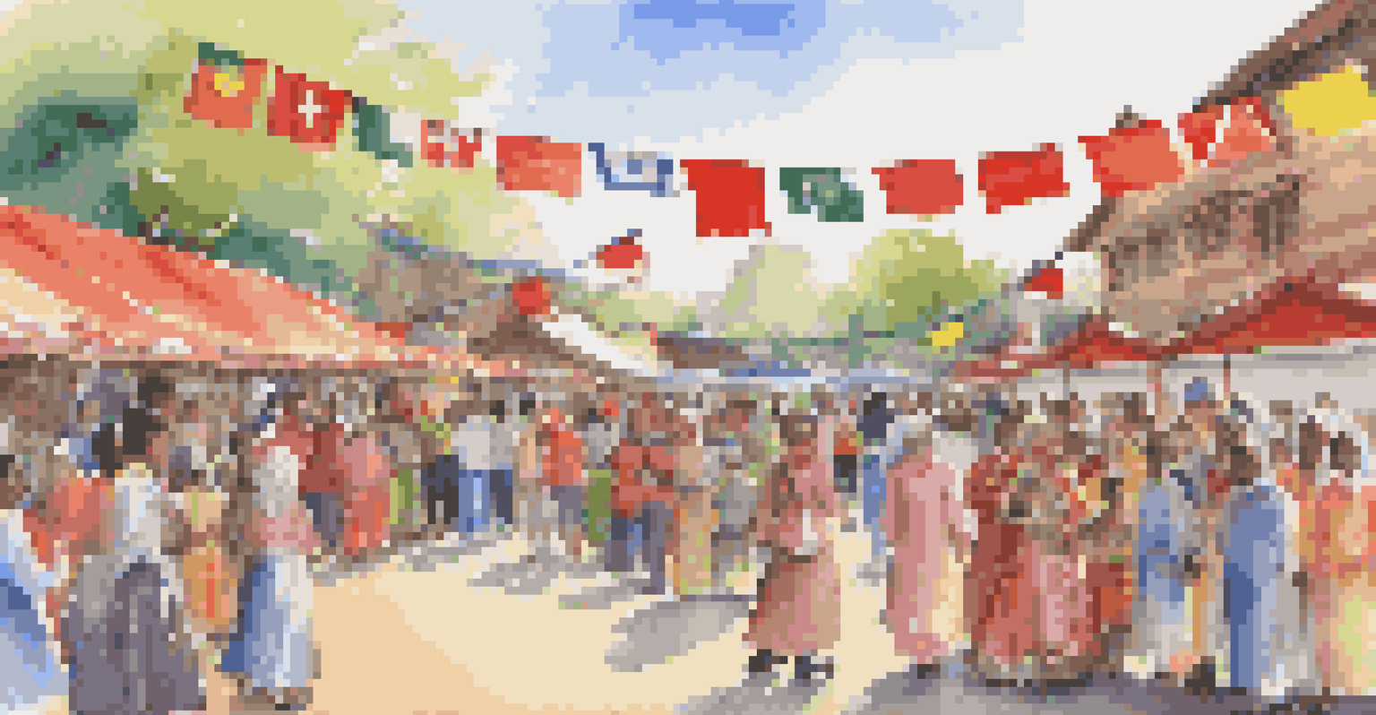 An outdoor school event showcasing cultural diversity with stalls, decorations, and families enjoying various activities.