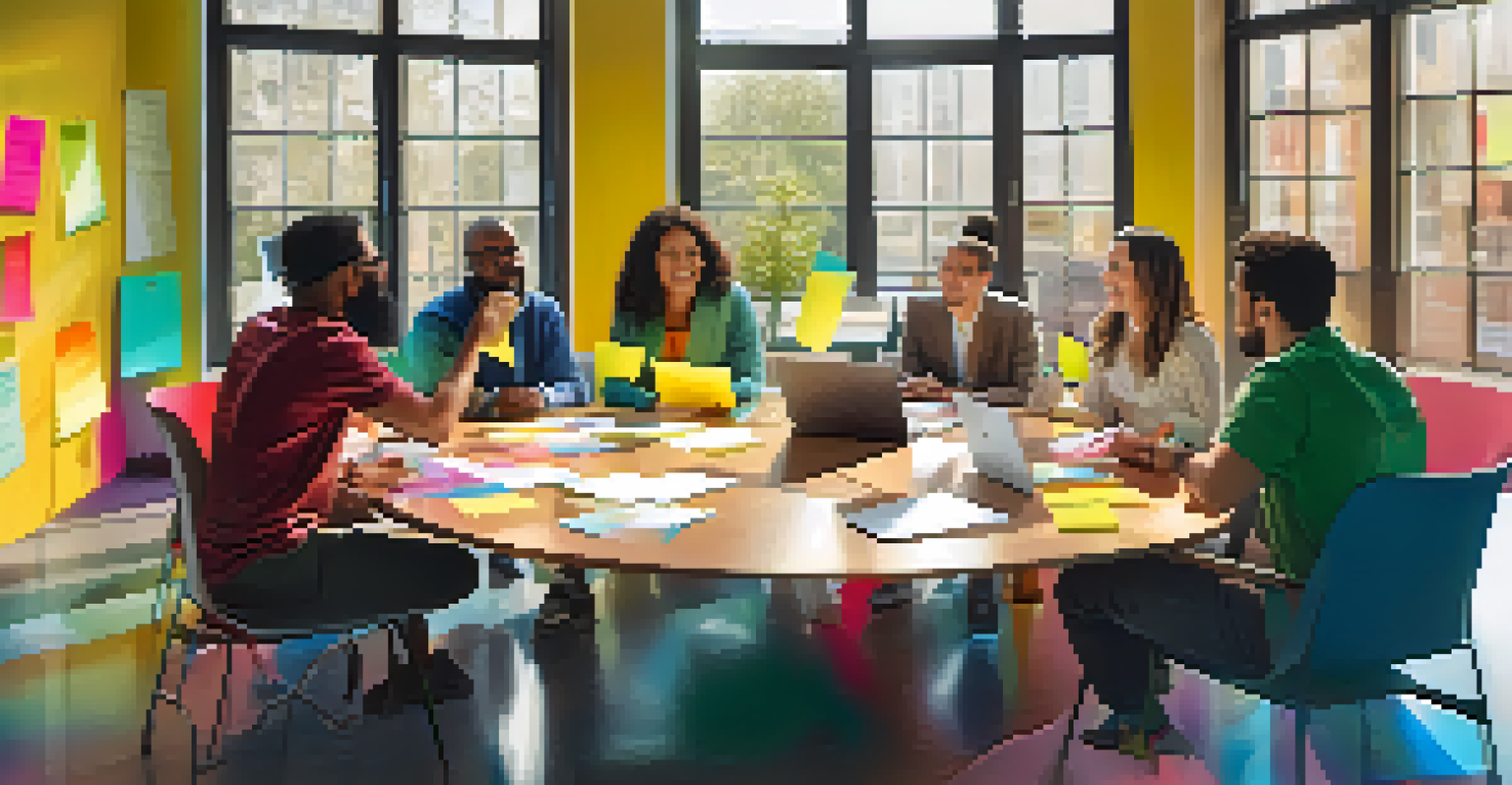 A group of people brainstorming around a table with sticky notes and a laptop.