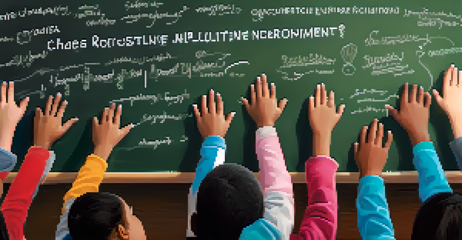 A teacher's hand writing on a chalkboard with multilingual phrases, while students of various ethnicities engage in the lesson.