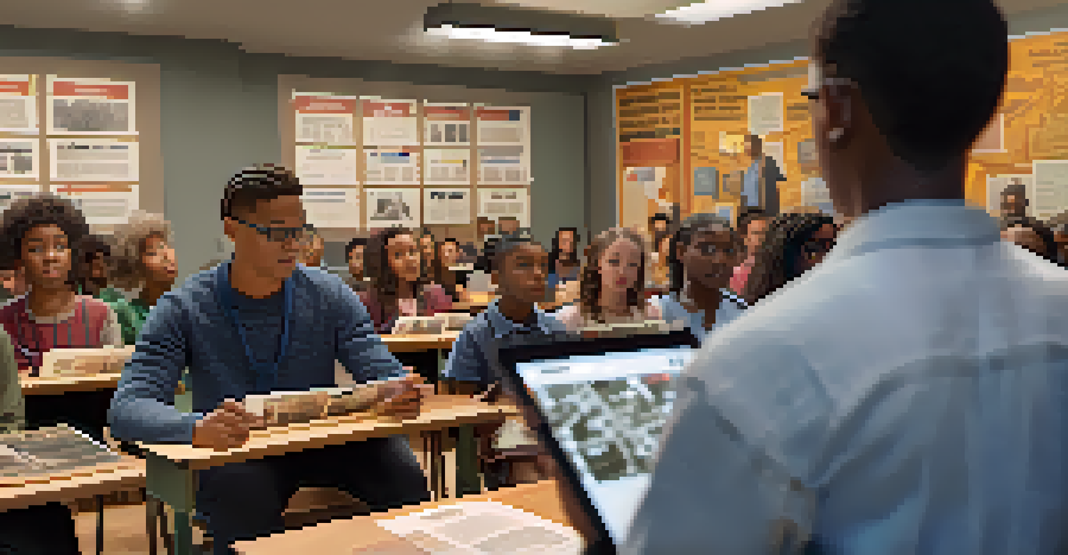 A student using a tablet to experience a 3D reenactment of the civil rights movement in a classroom.