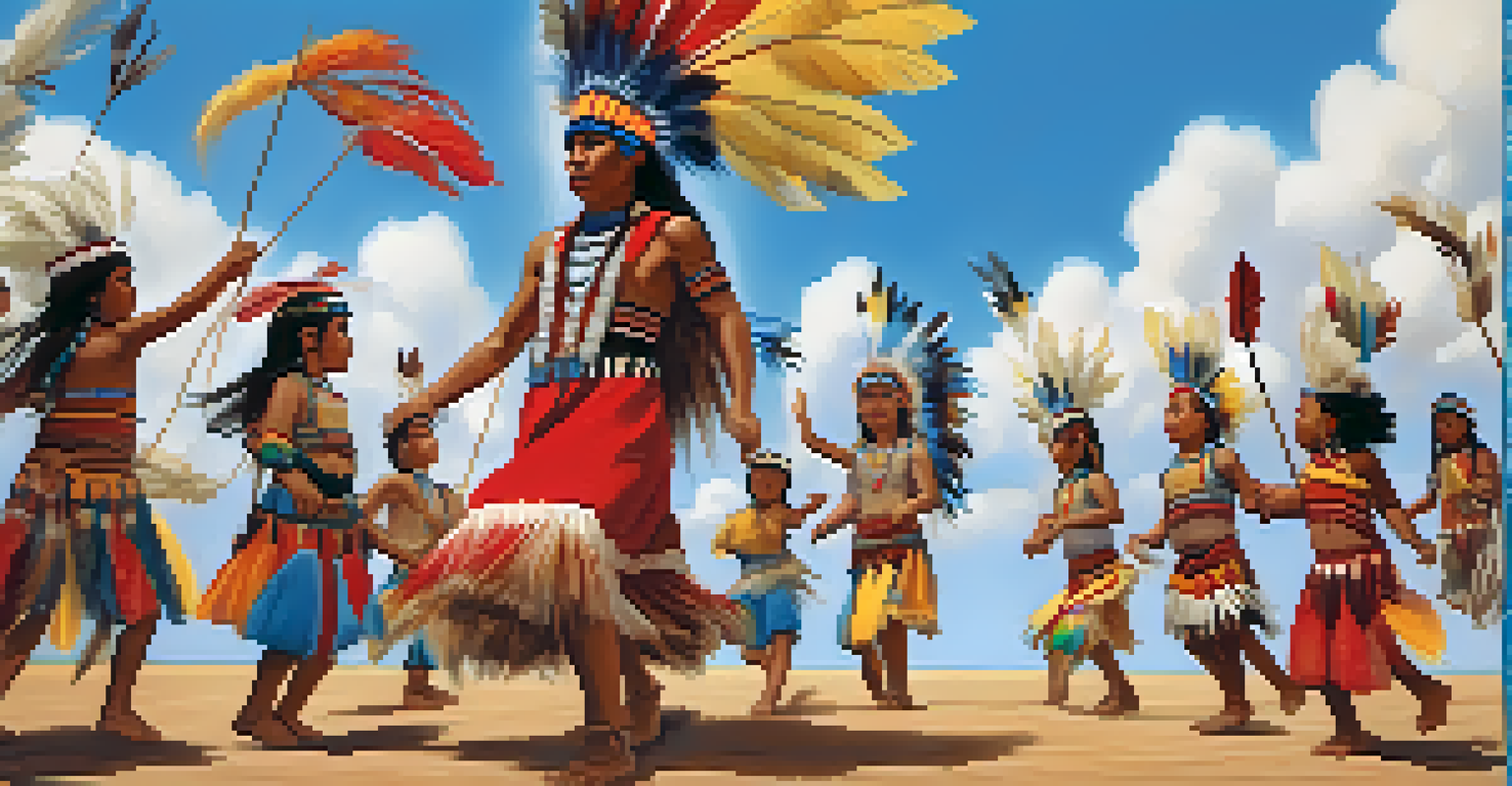 Children dancing at a traditional Native American celebration, with colorful attire and totems in the background.