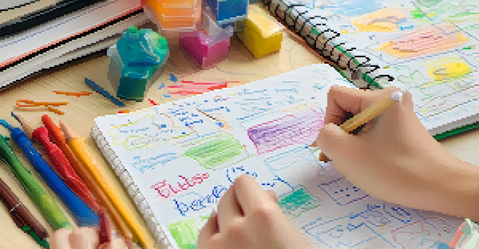 A student's hands writing questions and sketches in a notebook, symbolizing curiosity and creativity in a learning environment.