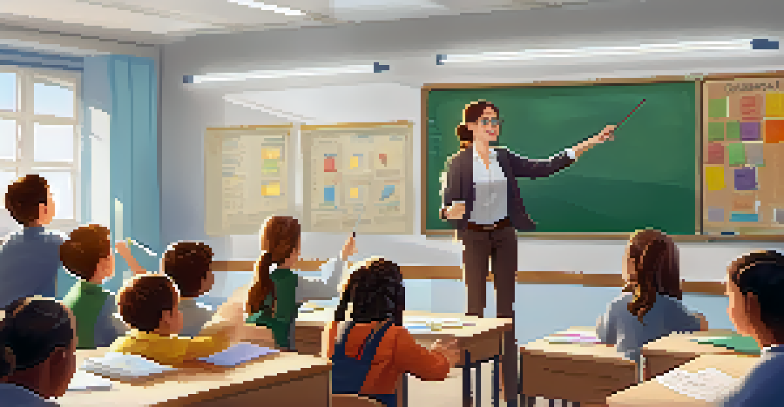 A teacher explaining a lesson in a bright classroom, with engaged students and educational posters around, promoting an inspiring atmosphere.