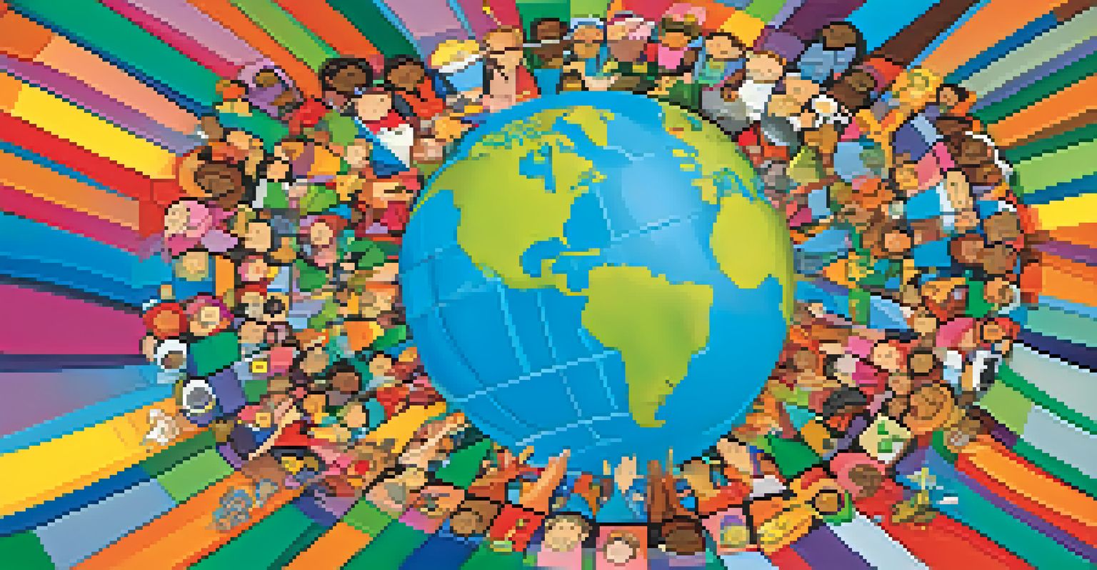 A colorful digital illustration of a globe surrounded by diverse people holding hands, with symbols of the Sustainable Development Goals displayed around it.