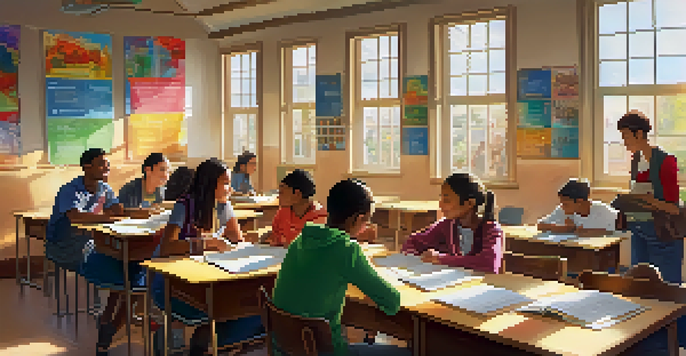 A bright classroom with diverse students working together in groups on language learning activities, with a teacher observing.