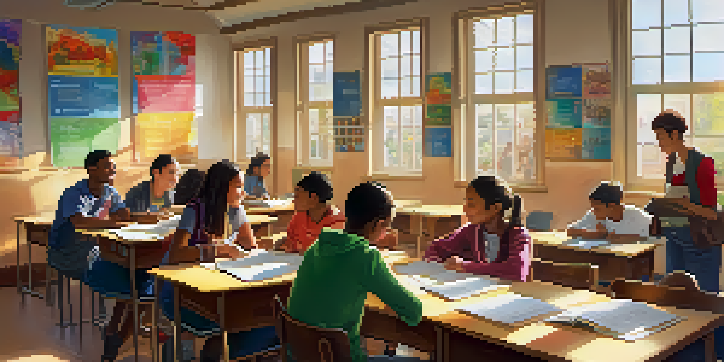 A bright classroom with diverse students working together in groups on language learning activities, with a teacher observing.