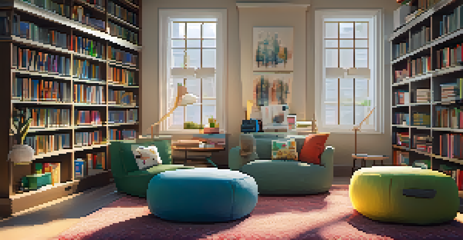 A cozy study corner with a laptop displaying social media, surrounded by bookshelves and colorful cushions.