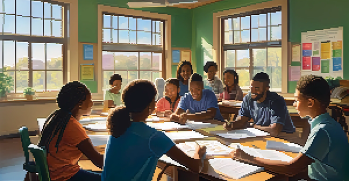 A diverse group of educators collaborating in a bright classroom, surrounded by educational materials and motivational posters.