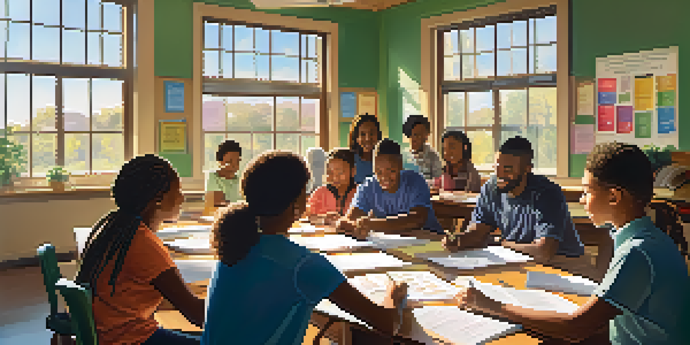 A diverse group of educators collaborating in a bright classroom, surrounded by educational materials and motivational posters.