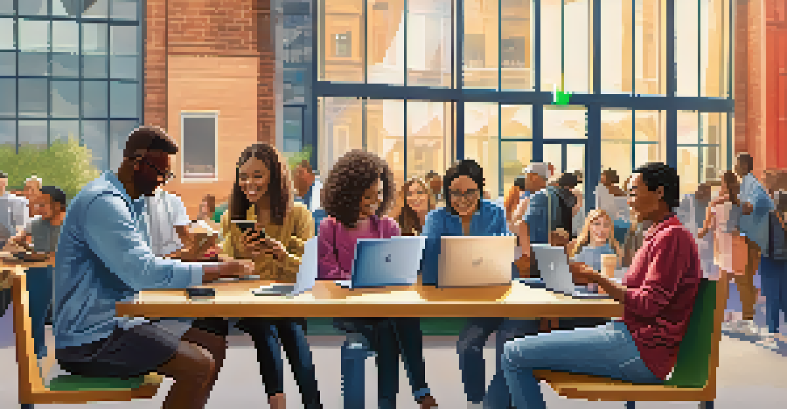 A diverse group of individuals engaging with digital banking services on their devices in an urban setting.