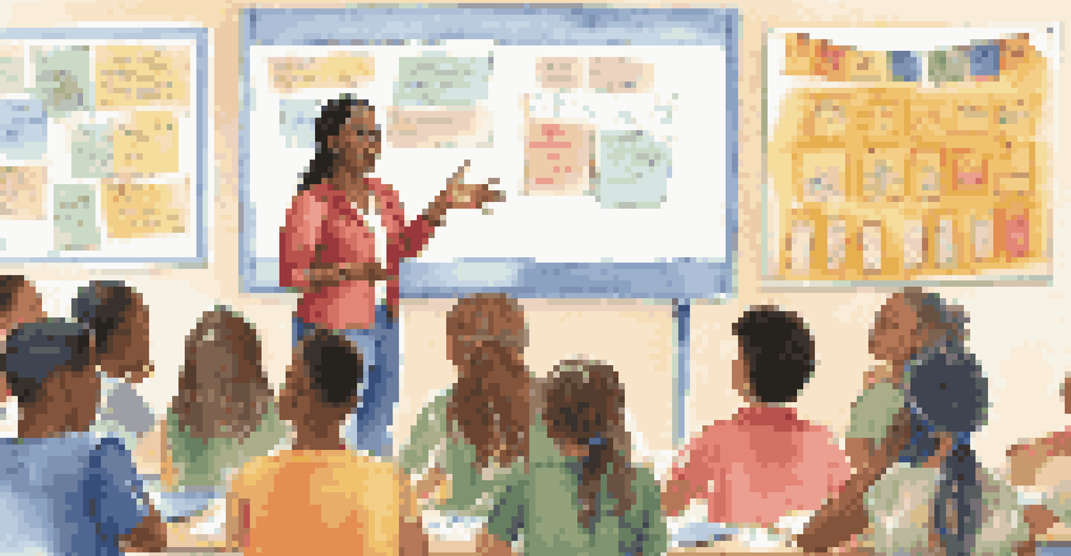 A teacher facilitating a discussion among a diverse group of students in a classroom that promotes cultural inclusivity.