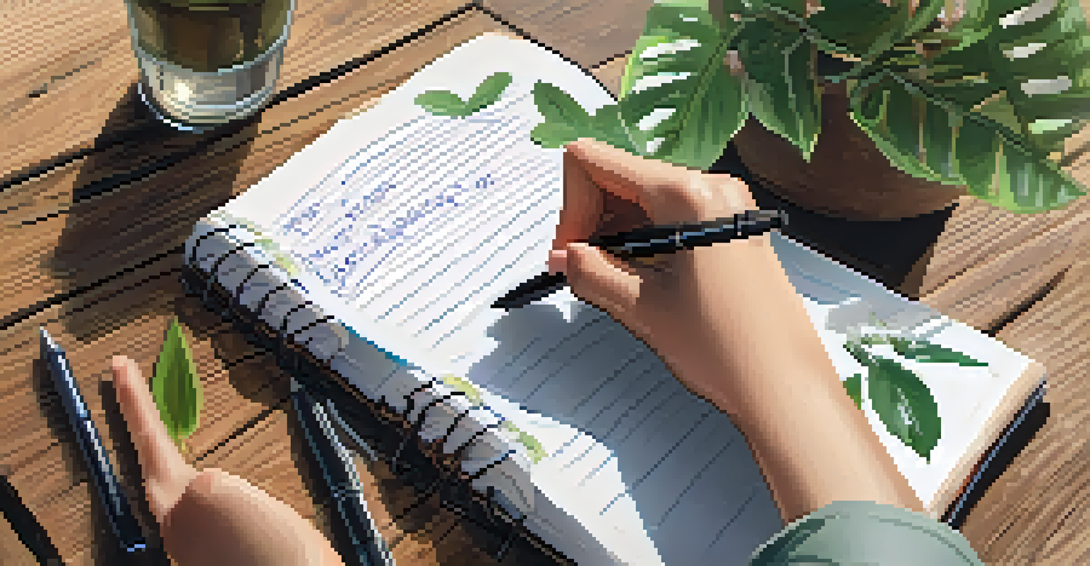 A close-up of a student's hands writing in a journal, reflecting on feedback received, with a plant in the background.