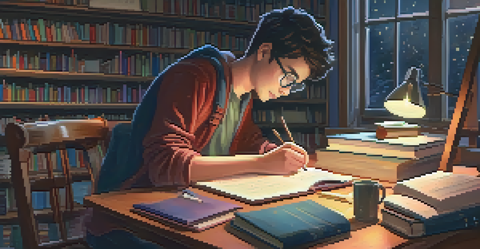 A young man organizing his study schedule on a chalkboard in a cozy, warmly lit room with fairy lights.