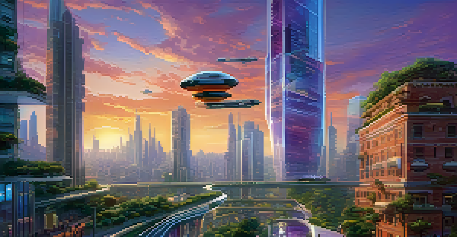 A vibrant futuristic cityscape with flying cars, skyscrapers with greenery, and a colorful sunset.
