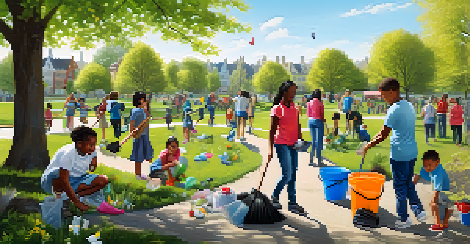 A community cleanup event in a sunny park, with diverse individuals picking up litter and children playing, illustrating teamwork and community engagement.